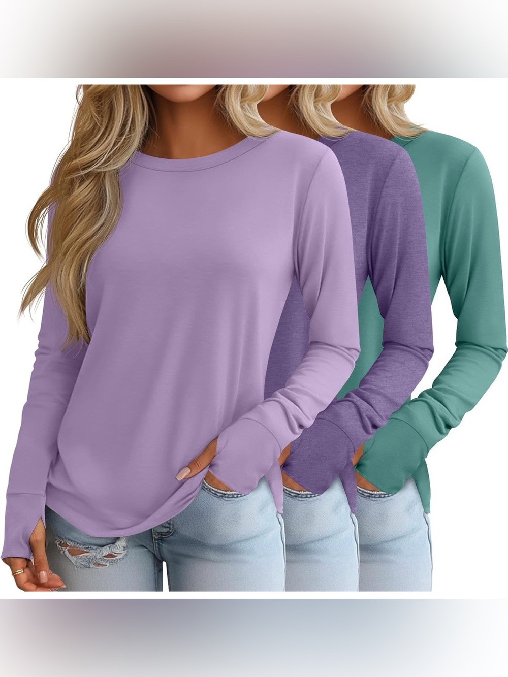 HUUKEAY 3-Pack Long Sleeve Thumbhole Tops Purple Turquoise Size L BNWOT